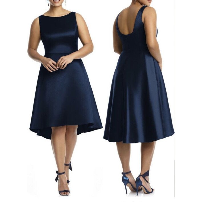 Alfred Sung Midnight Blue Satin High/Low Gown Midi Dress Women Size 4r Msrp $208